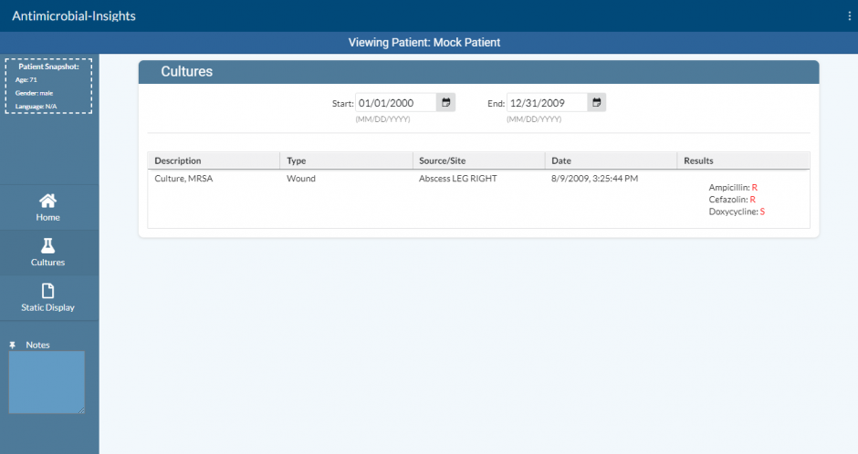 Screenshot of antimicrobial dashboard tool showing example patient culture data in a tabular format.