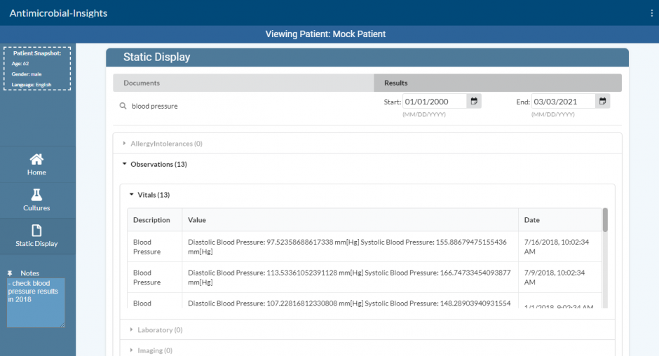Screenshot of antimicrobial dashboard tool showing example patient blood pressure data in a tabular format.