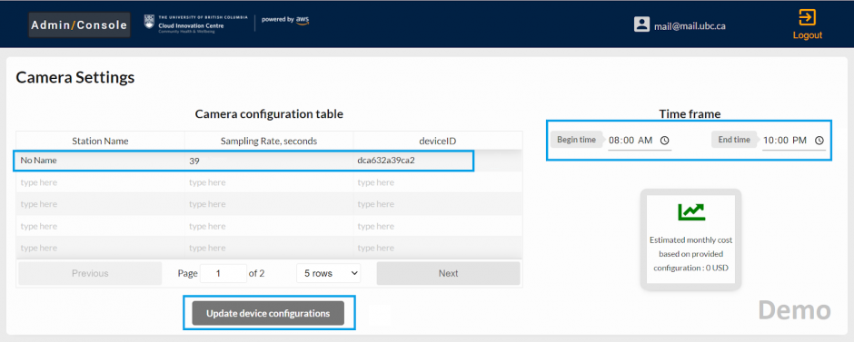 Screenshot of the Admin Console, displaying Camera Settings including Sampling Rate and Time frame. This is a demo.