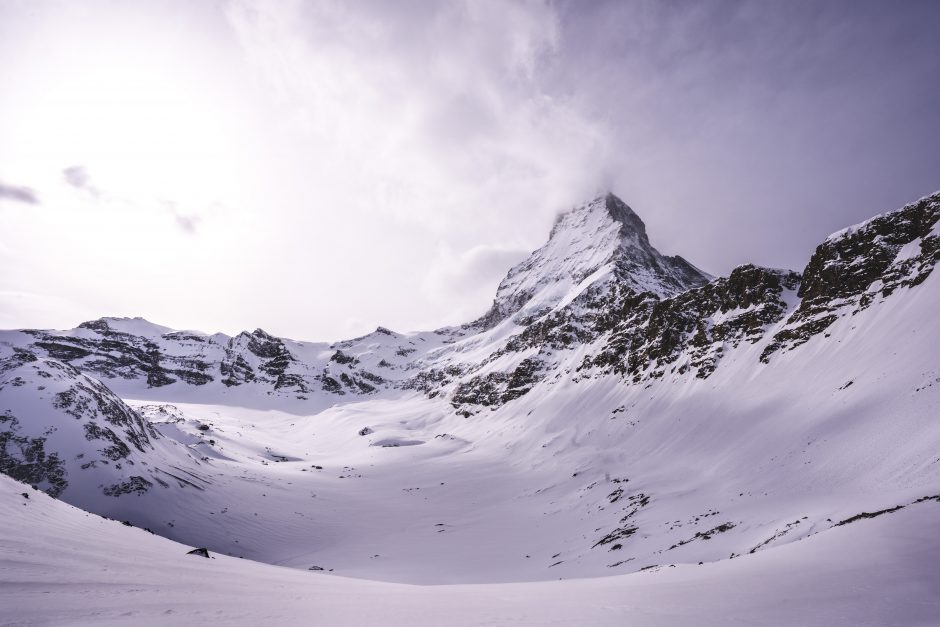 Snow capped mountain range.