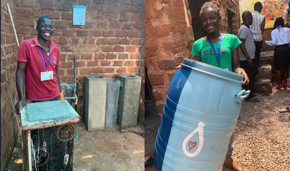 Image depicting woman carrying water barrel and man smiling beside her
